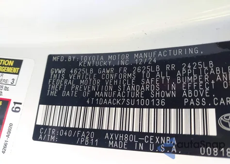 2025 Toyota Camry Le from USA, damaged, VIN 4T1DAACK7SU100136